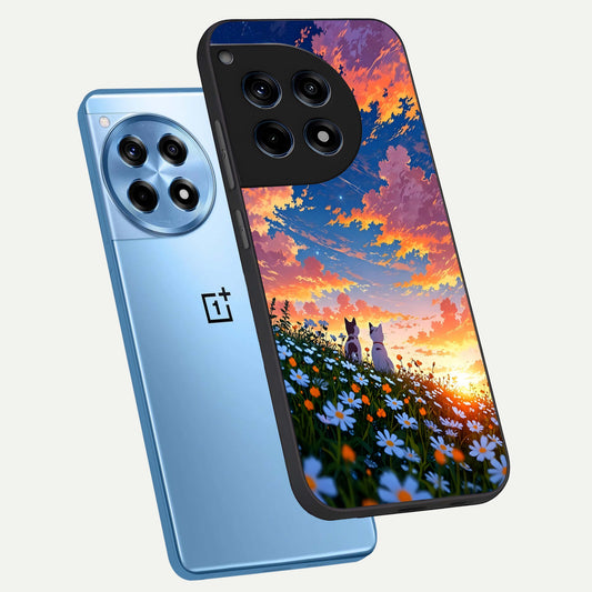 Two Cats Friends phone case For OnePlus 12R showing premium glass back cover with detailed artwork