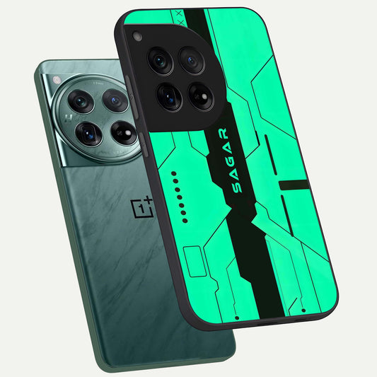 Aqua Tech CYBERPUNK Custom Name phone case For OnePlus 12 showing premium glass back cover with detailed artwork