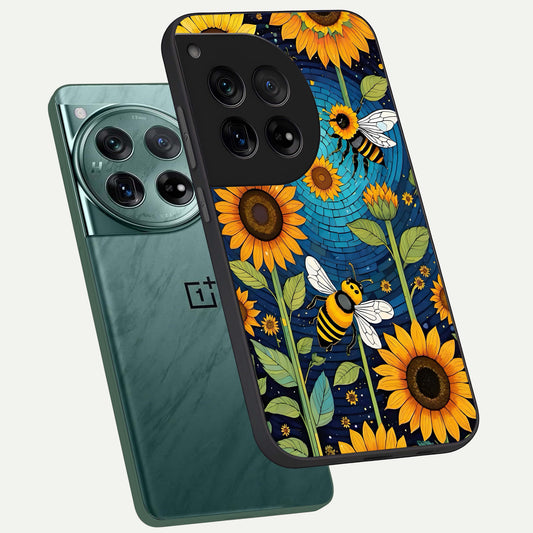 Bees And Sunflowers phone case For OnePlus 12 showing premium glass back cover with detailed artwork