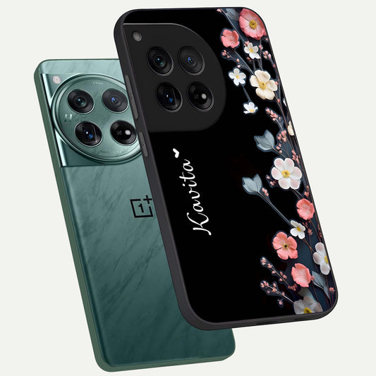 Black Elegance Floral Custom Name phone case For OnePlus 12 showing premium glass back cover with detailed artwork