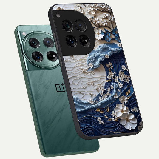 Blossom Wave Art phone case For OnePlus 12 showing premium glass back cover with detailed artwork