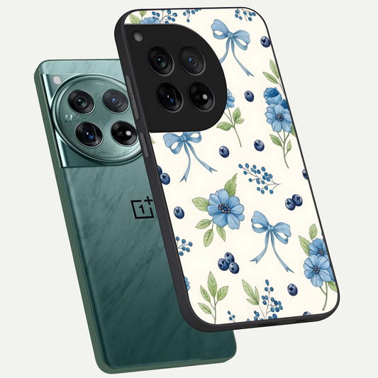 Blue Flower And Bow phone case For OnePlus 12 showing premium glass back cover with detailed artwork