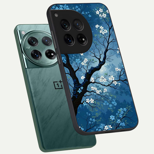 Blue Tree Serenity phone case For OnePlus 12 showing premium glass back cover with detailed artwork