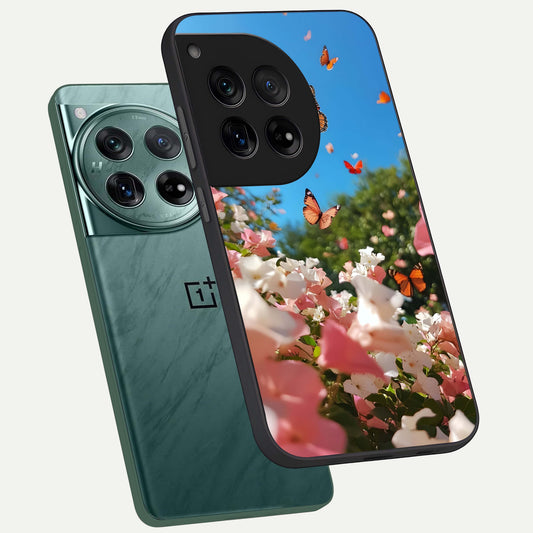 Butterflies In Bloom Sky phone case For OnePlus 12 showing premium glass back cover with detailed artwork