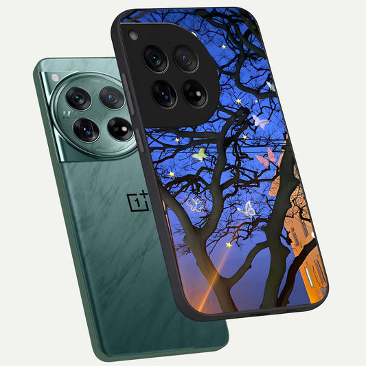 Butterfly Night Magic phone case For OnePlus 12 showing premium glass back cover with detailed artwork