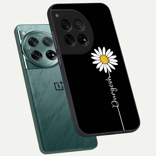 Custom Name White Flower phone case For OnePlus 12 showing premium glass back cover with detailed artwork