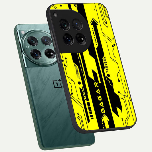 Electric Pulse CYBERPUNK Custom Name phone case For OnePlus 12 showing premium glass back cover with detailed artwork