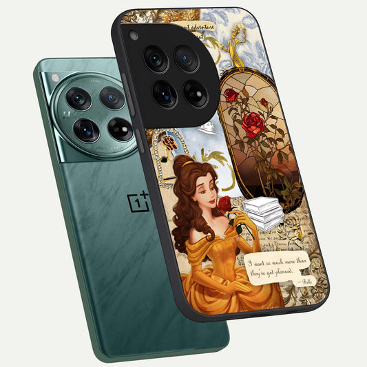 Golden Dream Belle phone case For OnePlus 12 showing premium glass back cover with detailed artwork