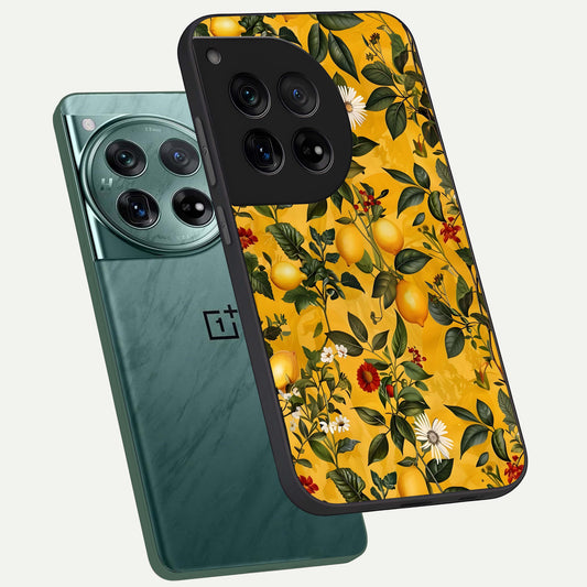 Golden Lemon Field phone case For OnePlus 12 showing premium glass back cover with detailed artwork