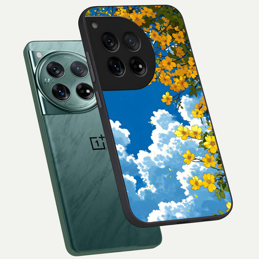 Golden Petal Sky phone case For OnePlus 12 showing premium glass back cover with detailed artwork