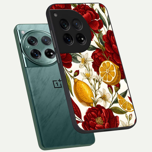 Lemon Rose Charm phone case For OnePlus 12 showing premium glass back cover with detailed artwork