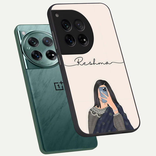 Mirror Mood Muse With Custom Name phone case For OnePlus 12 showing premium glass back cover with detailed artwork
