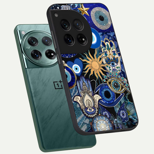 Mystic Blue Evil Eye phone case For OnePlus 12 showing premium glass back cover with detailed artwork