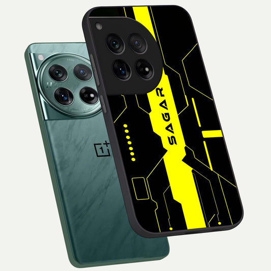Neon CYBERPUNK Custom Name phone case For OnePlus 12 showing premium glass back cover with detailed artwork