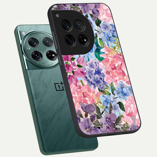 Pastel Floral Mix phone case For OnePlus 12 showing premium glass back cover with detailed artwork