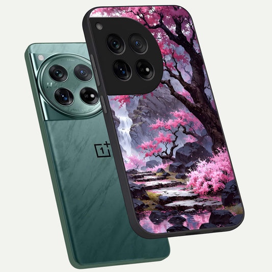 Pink Sunflower Glow phone case For OnePlus 12 showing premium glass back cover with detailed artwork