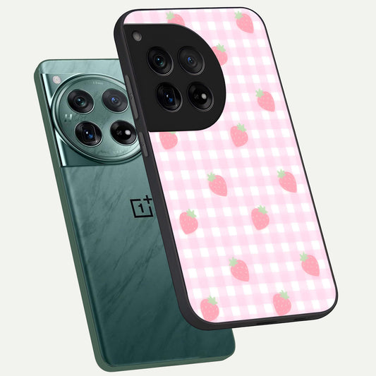 Strawberry Picnic Love phone case For OnePlus 12 showing premium glass back cover with detailed artwork