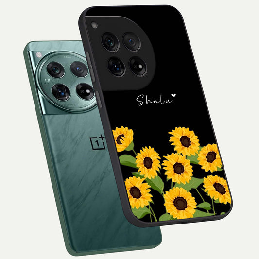 Sunflower Sky Bloom phone case For OnePlus 12 showing premium glass back cover with detailed artwork