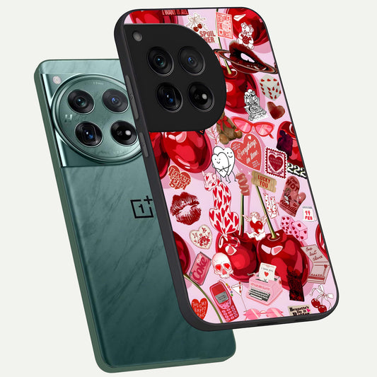 Sweet Cherry Chaos phone case For OnePlus 12 showing premium glass back cover with detailed artwork
