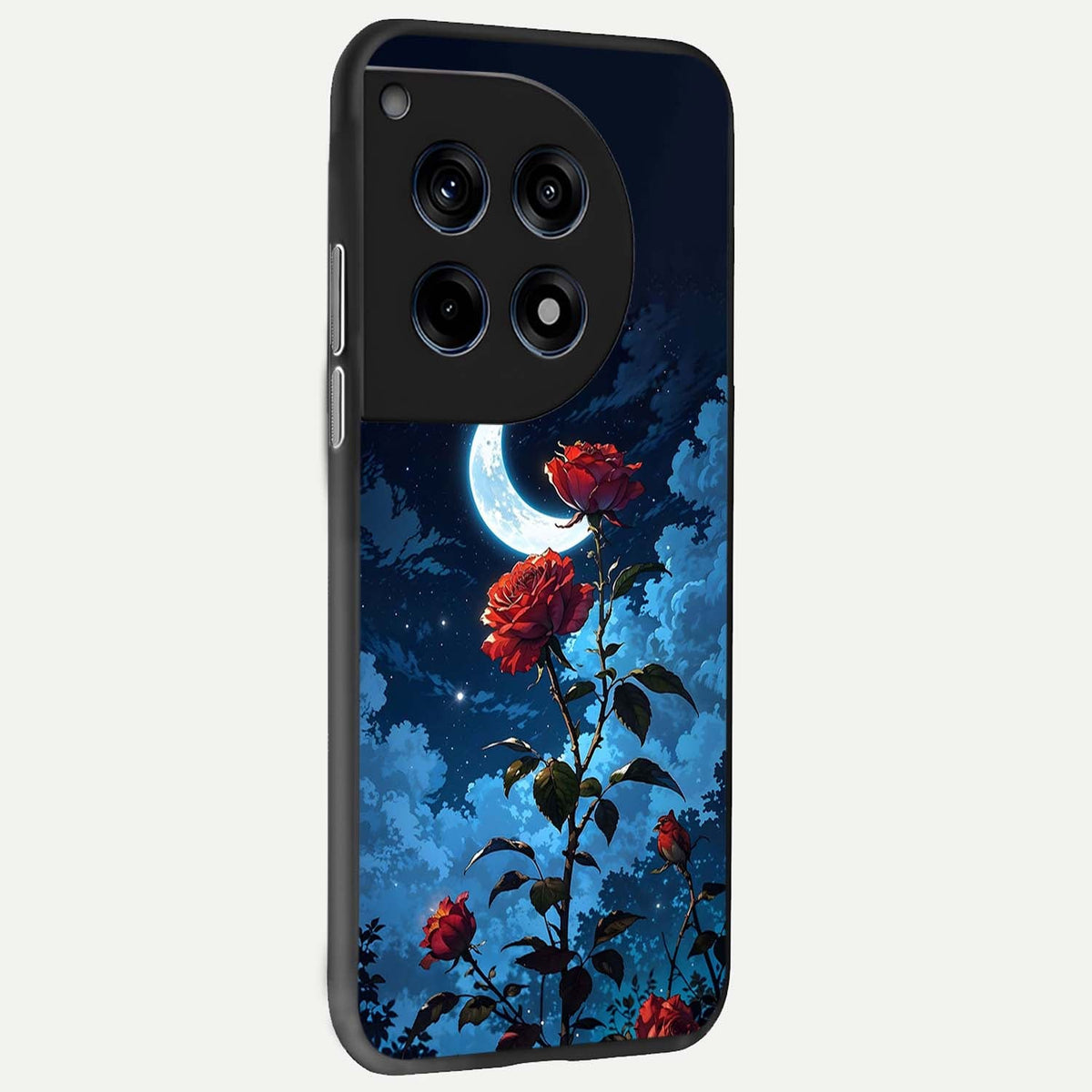 Crimson Rose Moon back cover For OnePlus 12 slim fit glass case with vibrant aesthetic design