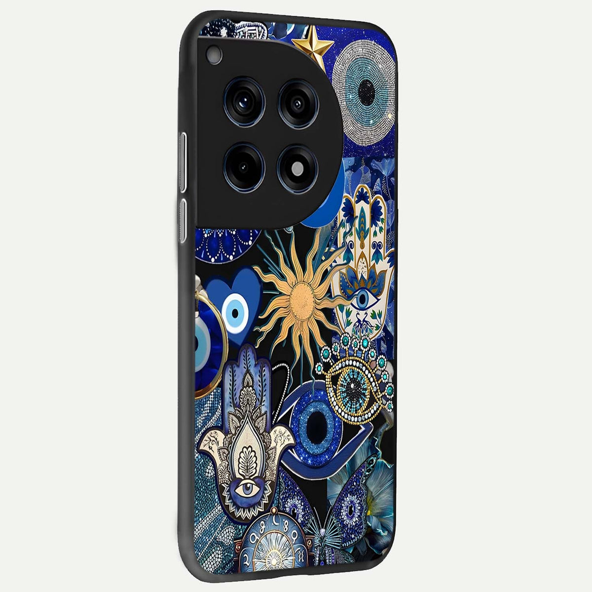 Mystic Blue Evil Eye back cover For OnePlus 12 slim fit glass case with vibrant aesthetic design