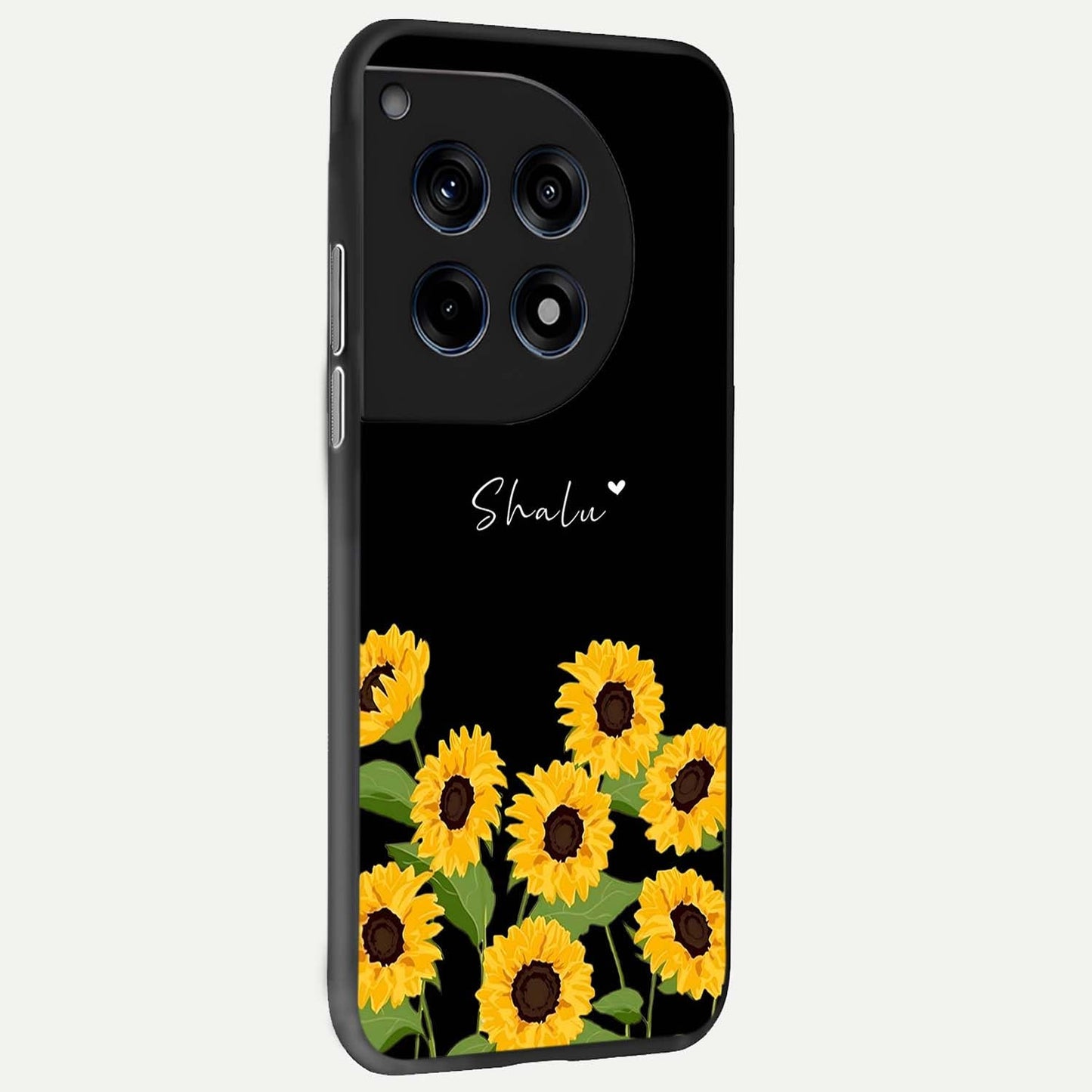 Sunflower Chic Mood Custom Name Glass Case showing full back design in clean flat view with chic sunflower artwork and glossy glass finish.