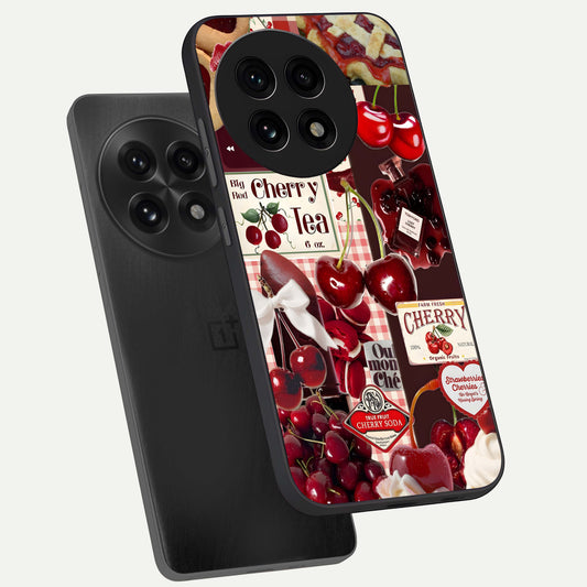 Aesthetic Cherry Tea phone case For OnePlus 13R showing premium glass back cover with detailed artwork