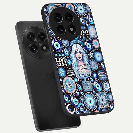 Angel Aura Shield phone case For OnePlus 13R showing premium glass back cover with detailed artwork
