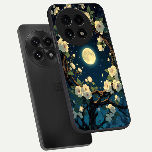Celestial Moon And Flower phone case For OnePlus 13R showing premium glass back cover with detailed artwork