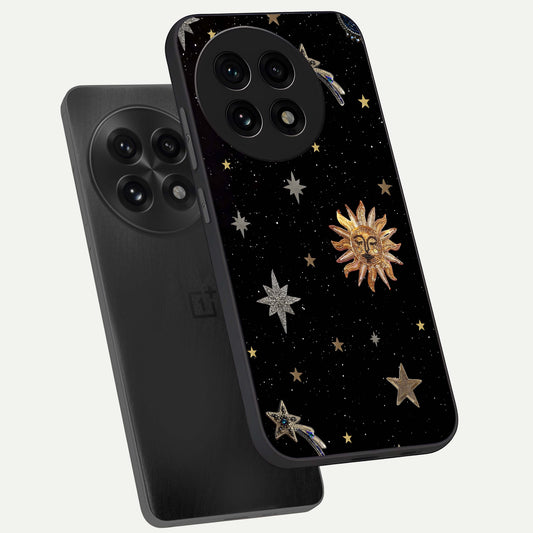 Celestial Moon With Stars phone case For OnePlus 13R showing premium glass back cover with detailed artwork