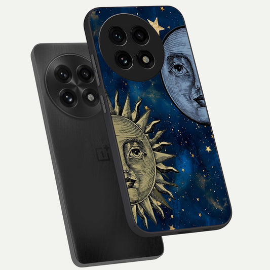 Celestial Moon With Sun phone case For OnePlus 13R showing premium glass back cover with detailed artwork