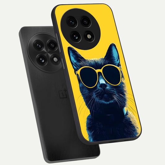 Cool Cat Vibes phone case For OnePlus 13R showing premium glass back cover with detailed artwork
