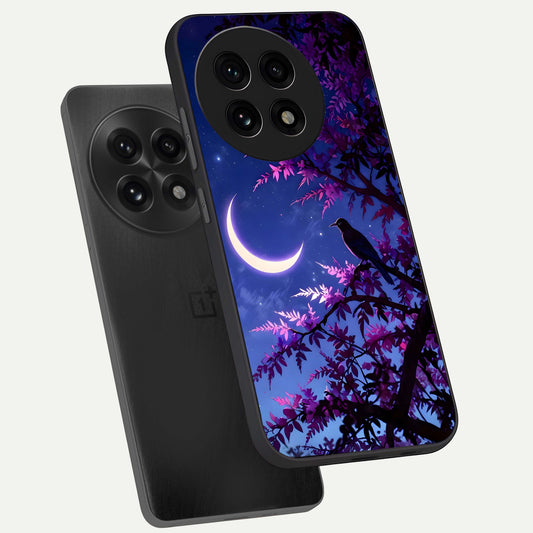 Crow And Moon Scenery phone case For OnePlus 13R showing premium glass back cover with detailed artwork