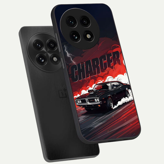 Dark Charger Fury phone case For OnePlus 13R showing premium glass back cover with detailed artwork