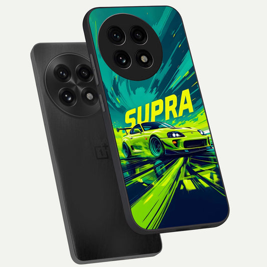Electric Supra Thunder phone case For OnePlus 13R showing premium glass back cover with detailed artwork