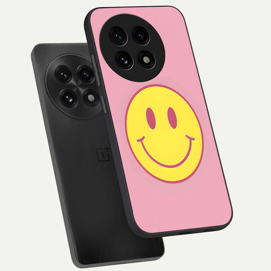 Happy Pink Mood phone case For OnePlus 13R showing premium glass back cover with detailed artwork
