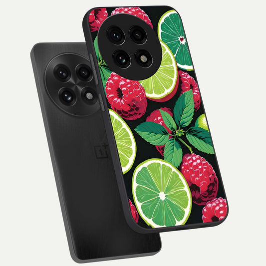Lime and Raspberry Pattern phone case For OnePlus 13R showing premium glass back cover with detailed artwork