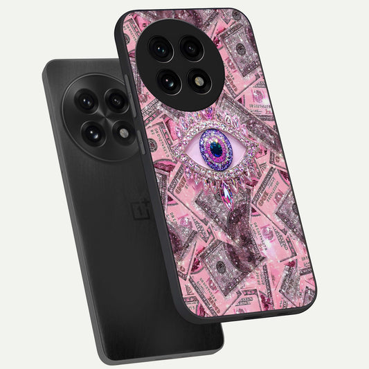 Money Eye Luxe phone case For OnePlus 13R showing premium glass back cover with detailed artwork