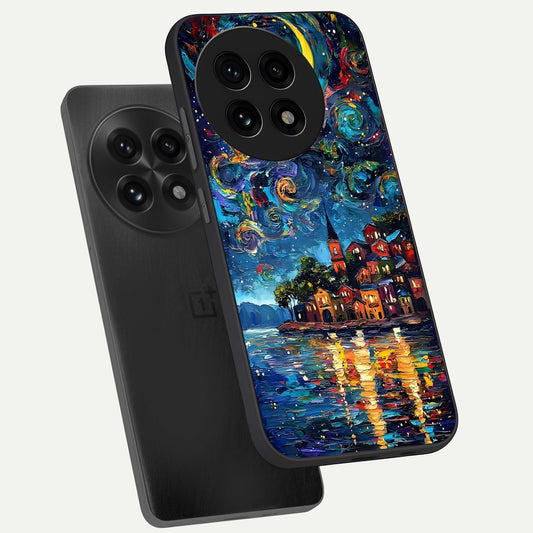 Moonlight Harbor Glow phone case For OnePlus 13R showing premium glass back cover with detailed artwork