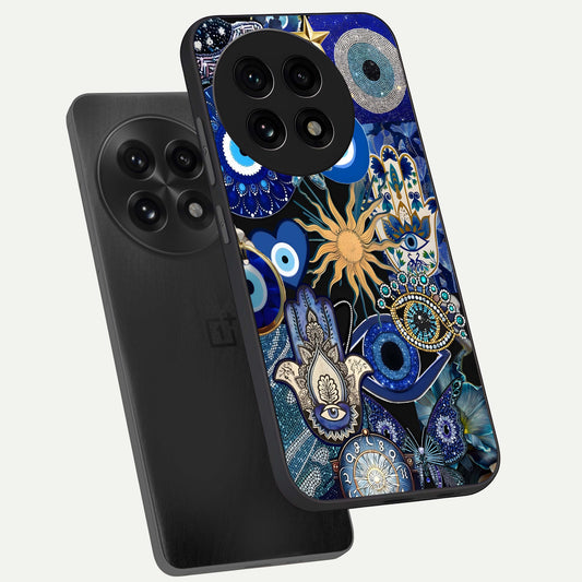 Mystic Blue Evil Eye phone case For OnePlus 13R showing premium glass back cover with detailed artwork