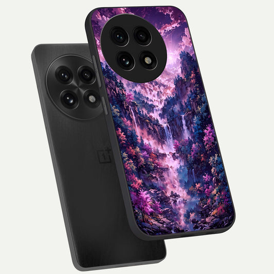 Mystic Cascade Peaks phone case For OnePlus 13R showing premium glass back cover with detailed artwork