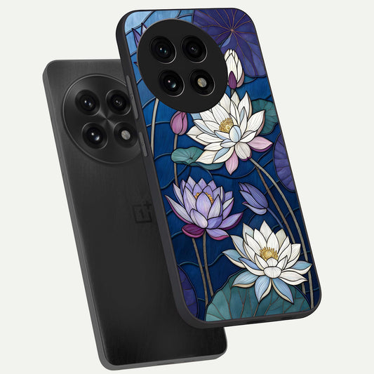 Purple Lotus Stained phone case For OnePlus 13R showing premium glass back cover with detailed artwork