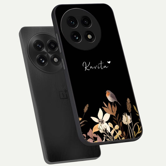 Quiet Garden Tune Custom Name phone case For OnePlus 13R showing premium glass back cover with detailed artwork