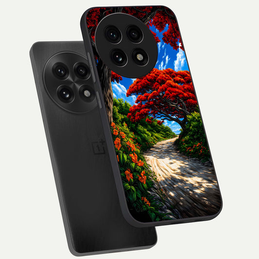 Red Trees Pathway phone case For OnePlus 13R showing premium glass back cover with detailed artwork