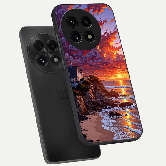 Sunset House By Sea phone case For OnePlus 13R showing premium glass back cover with detailed artwork