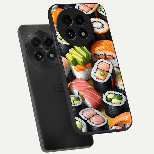 Sushi Food Pattern phone case For OnePlus 13R showing premium glass back cover with detailed artwork