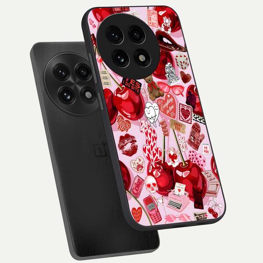 Sweet Cherry Chaos phone case For OnePlus 13R showing premium glass back cover with detailed artwork
