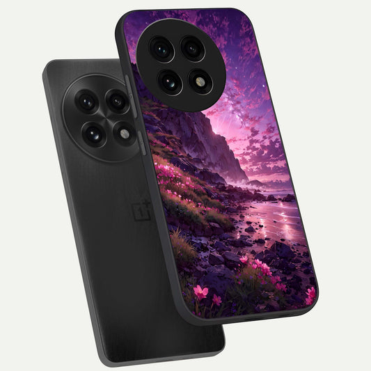 Twilight Blossom Coast phone case For OnePlus 13R showing premium glass back cover with detailed artwork