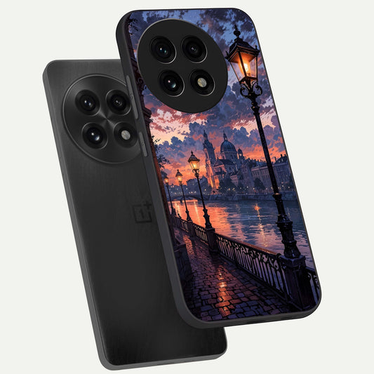 Twilight River Lights phone case For OnePlus 13R showing premium glass back cover with detailed artwork