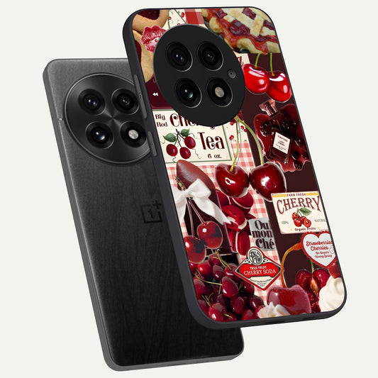 Aesthetic Cherry Tea phone case For OnePlus 13 showing premium glass back cover with detailed artwork